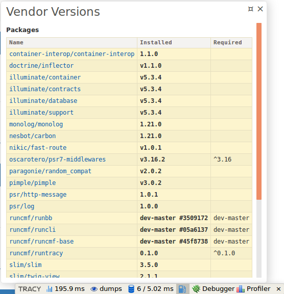 Vendor Versions Panel example