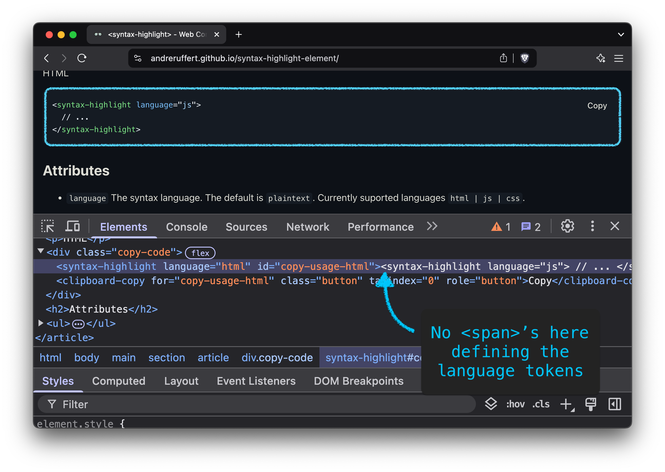 Screenshot of the <syntax-highlight> element demo in the browser with DevTools open