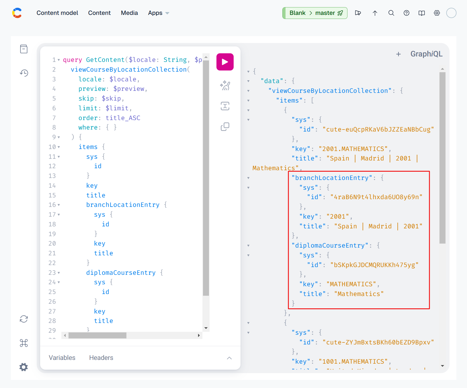 contentful GraphiQL app screenshot