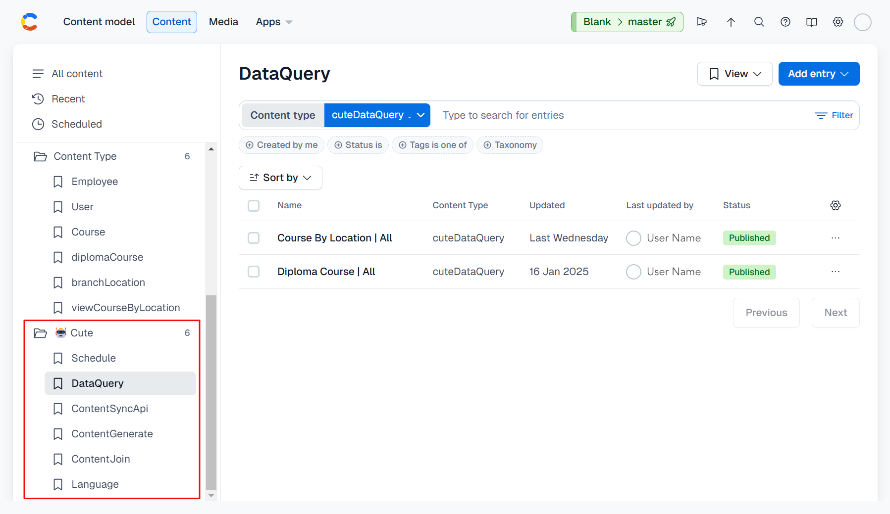 configuring cute within Contentful