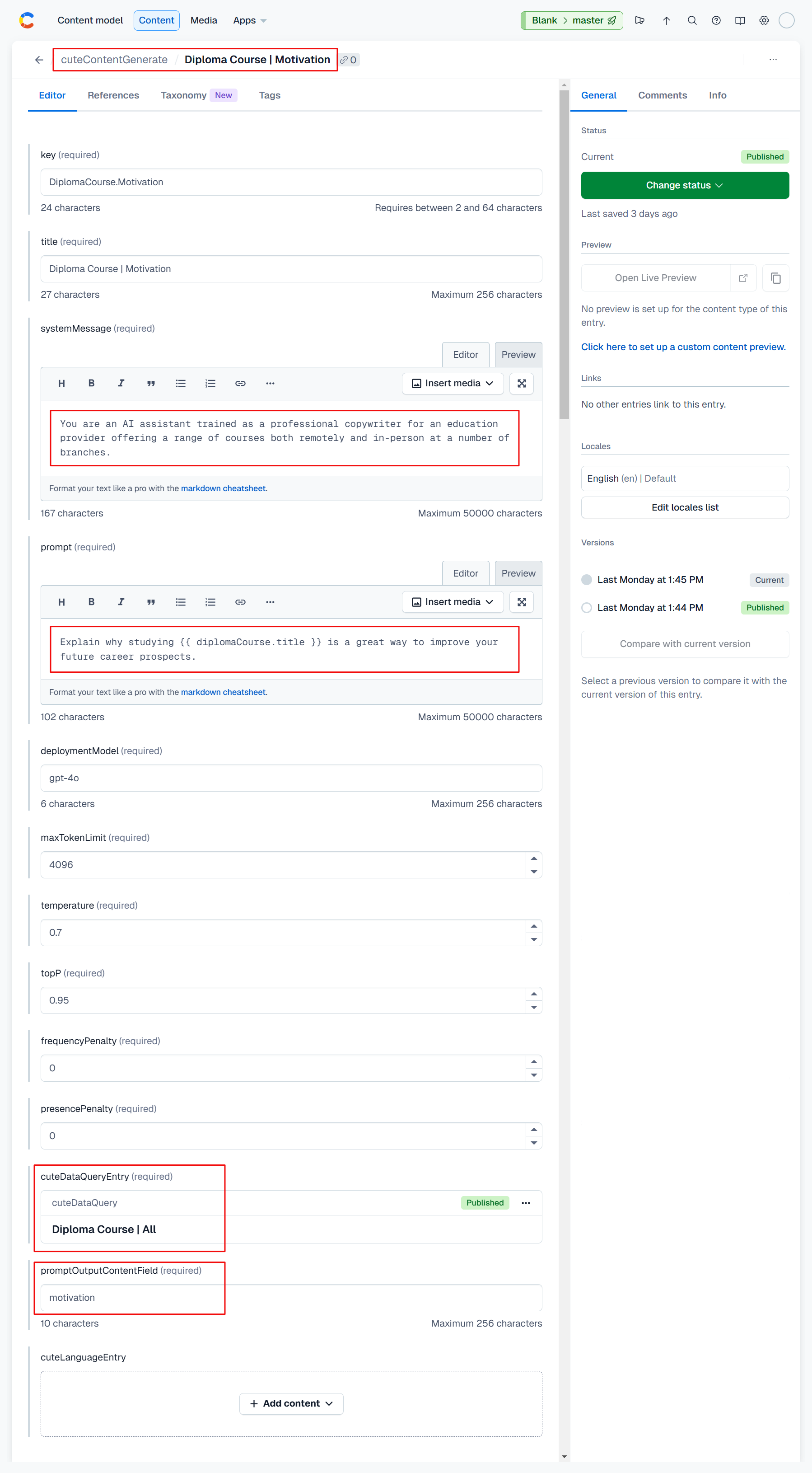 contentful cuteSchedule model screenshot