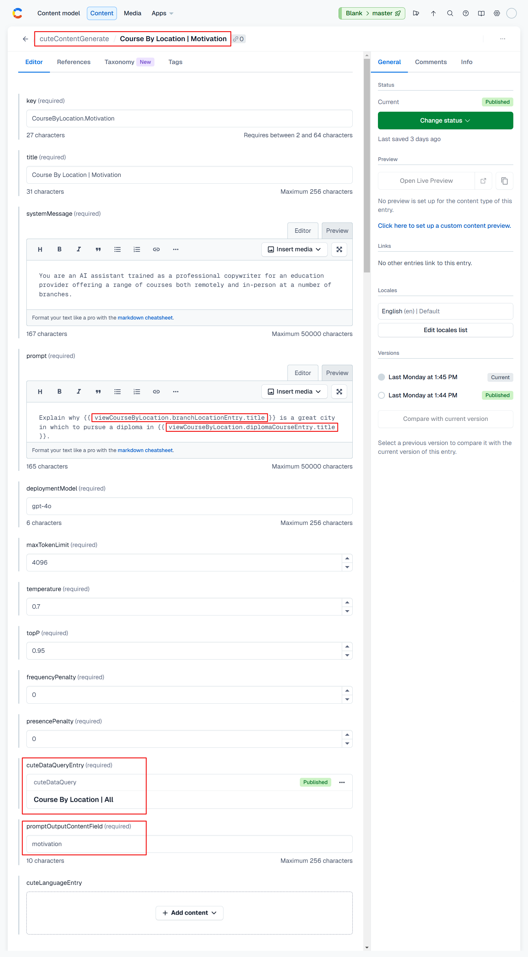 contentful cuteSchedule model screenshot