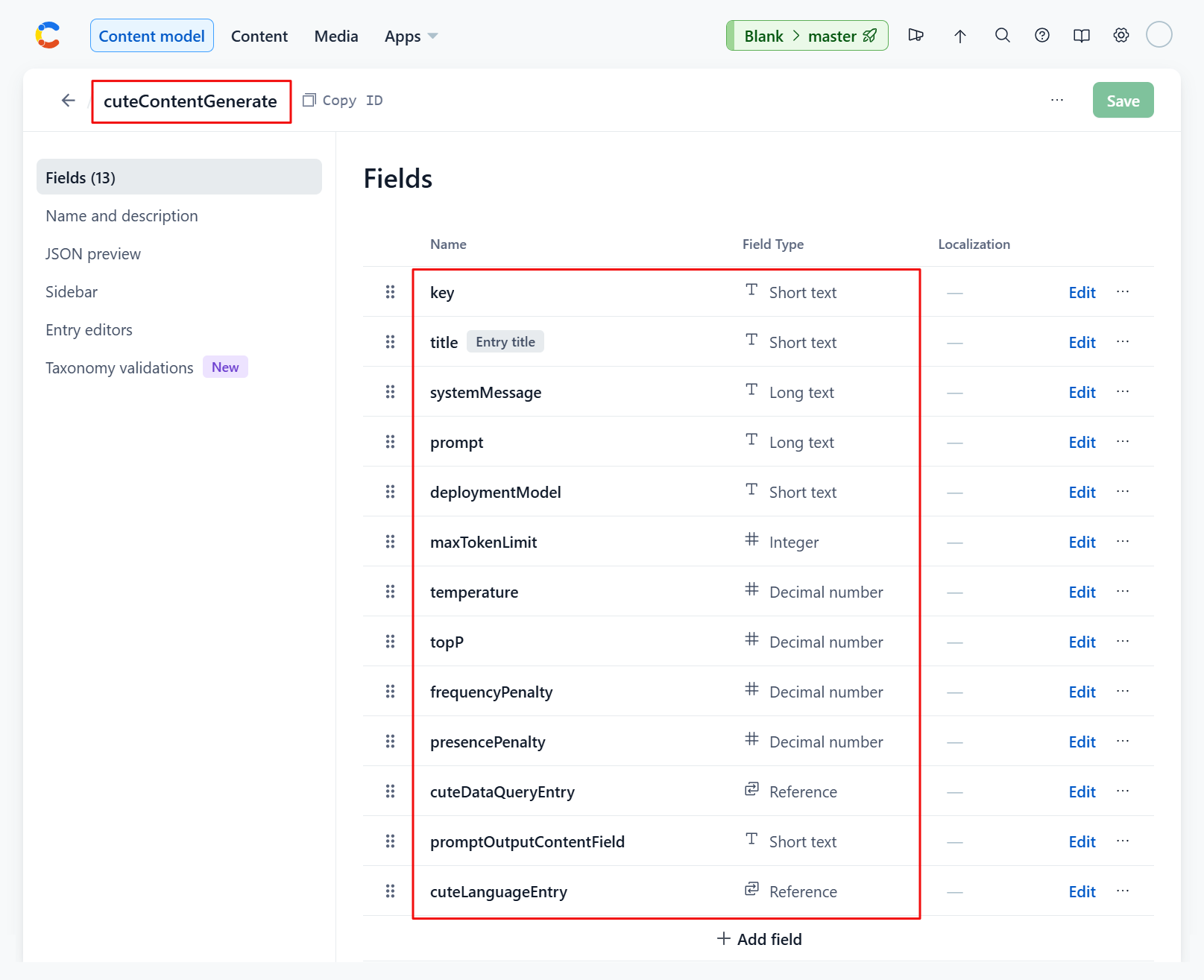 contentful cuteSchedule model screenshot