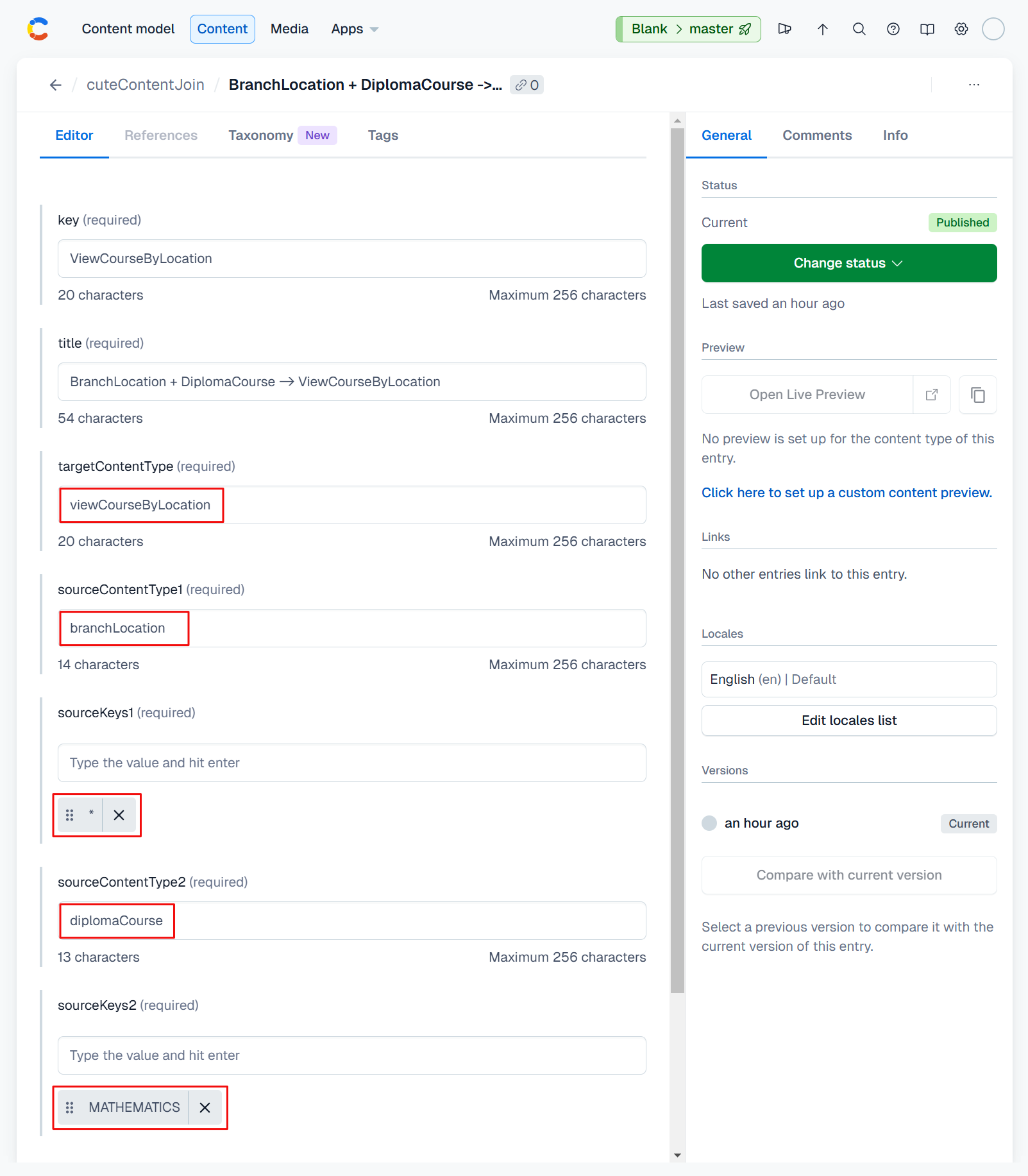 contentful cuteContentJoin entry configuration screenshot