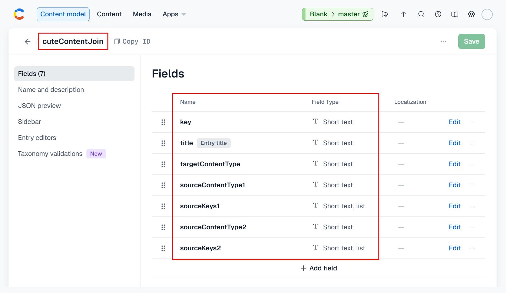 contentful cuteContentJoin model screenshot