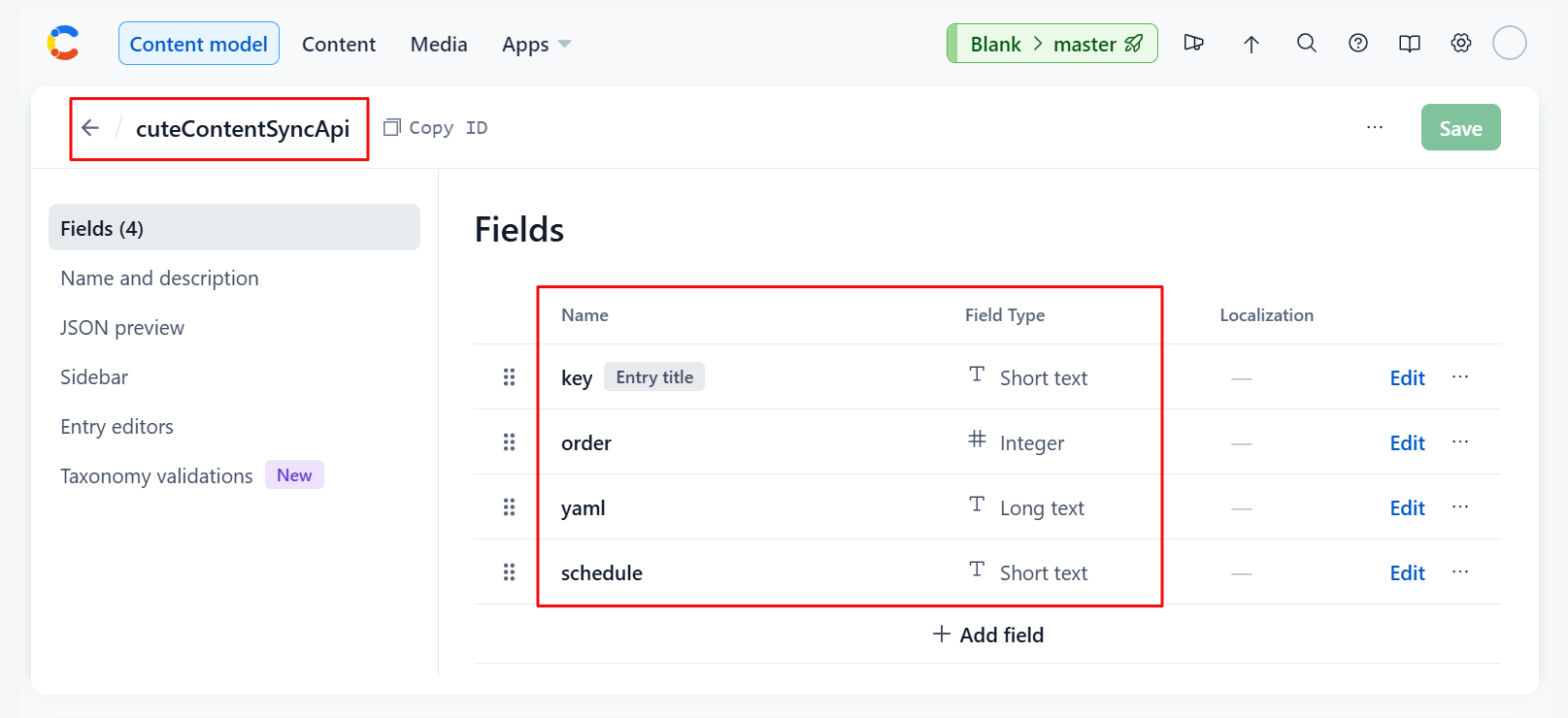 contentful cuteContentSyncApi model screenshot