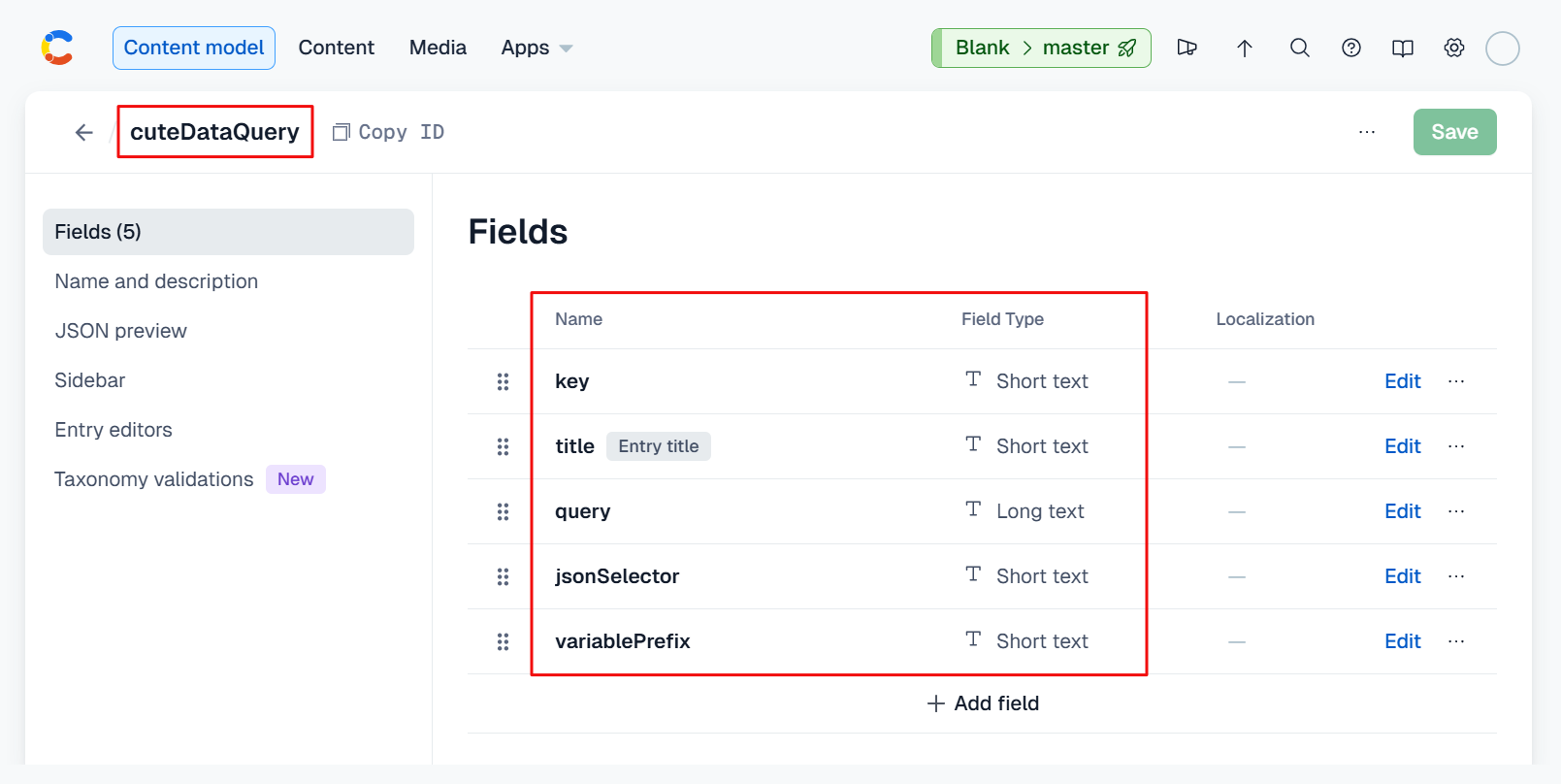 contentful cuteSchedule model screenshot