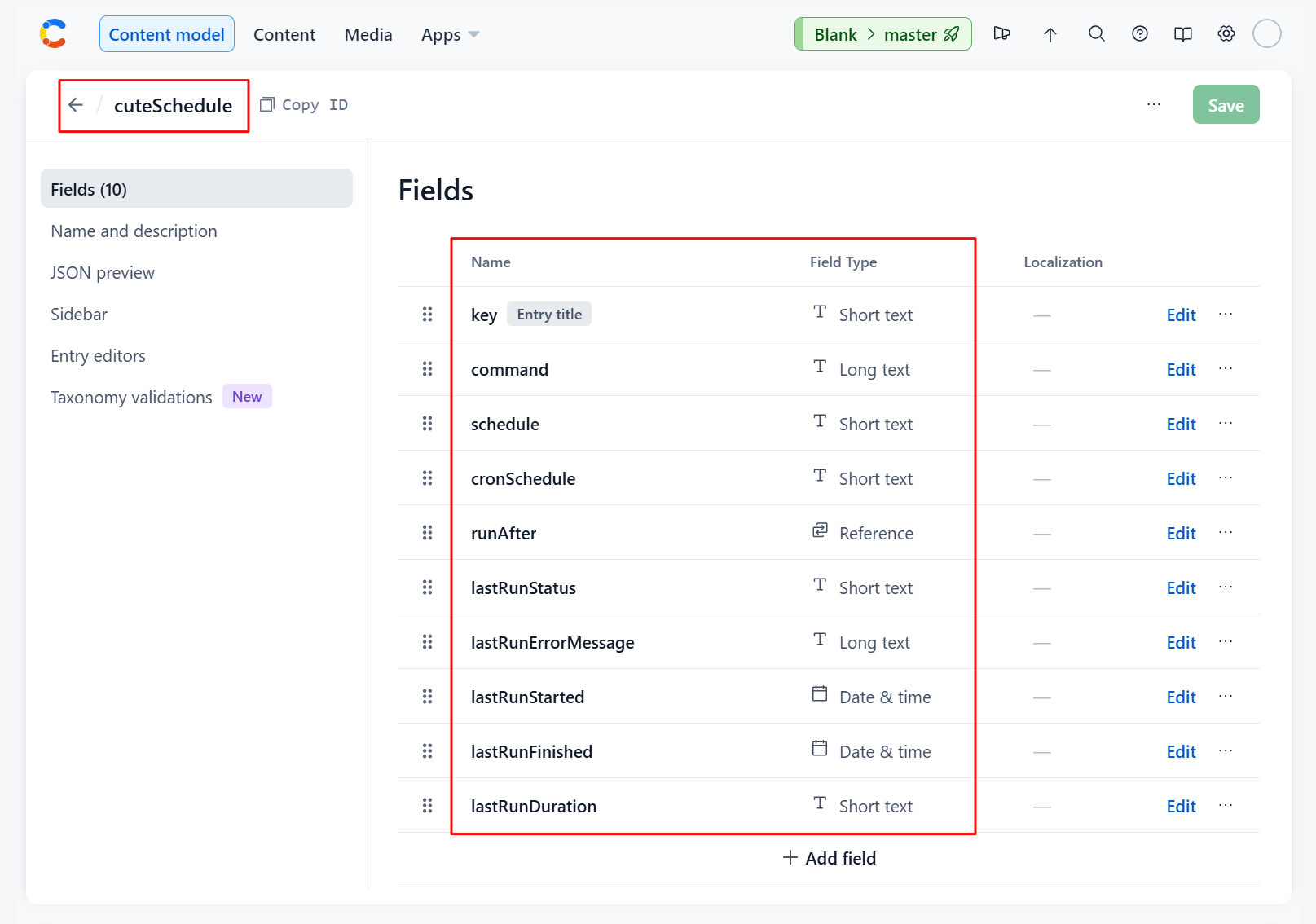 contentful cuteSchedule model screenshot