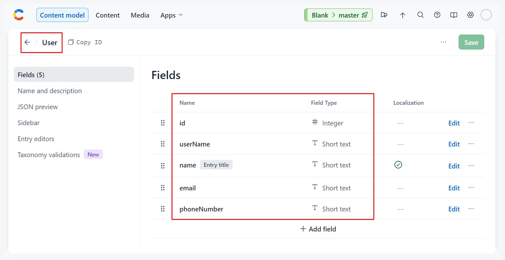 contentful Users model screenshot