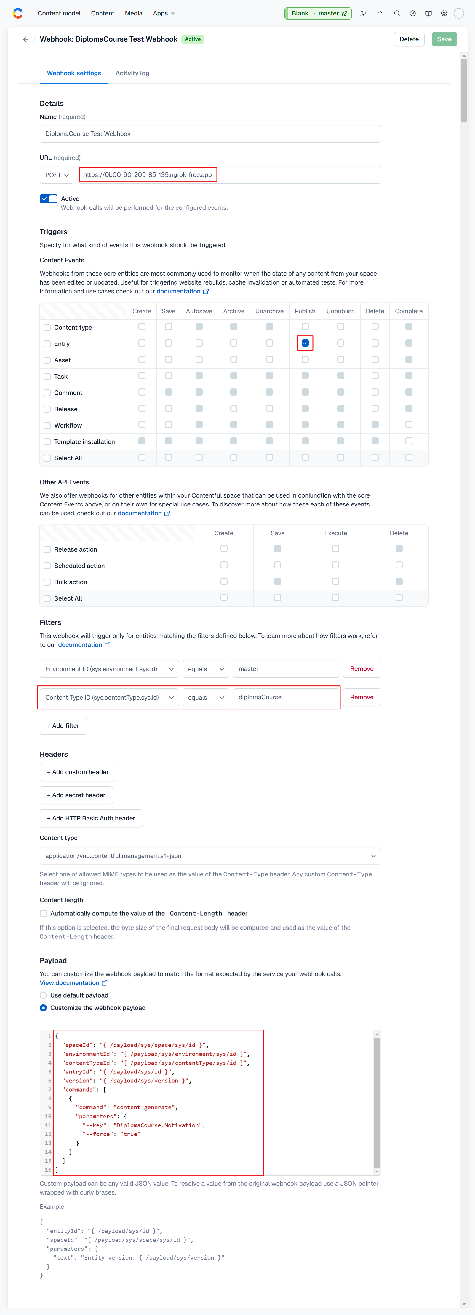 contentful configure webhook