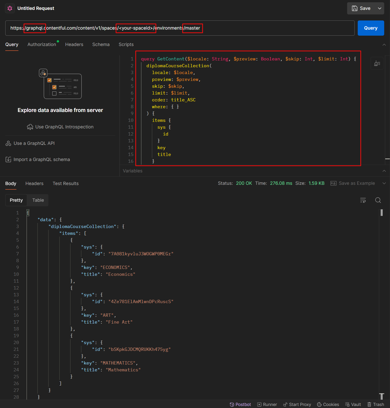 contentful GraphiQL app screenshot