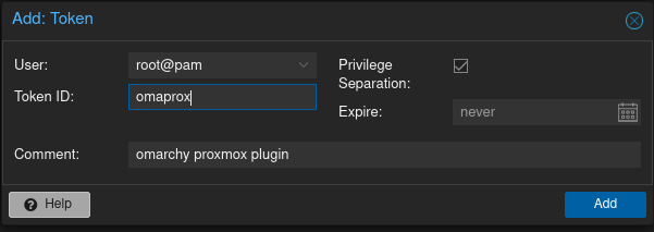 Proxmox API token creation dialog