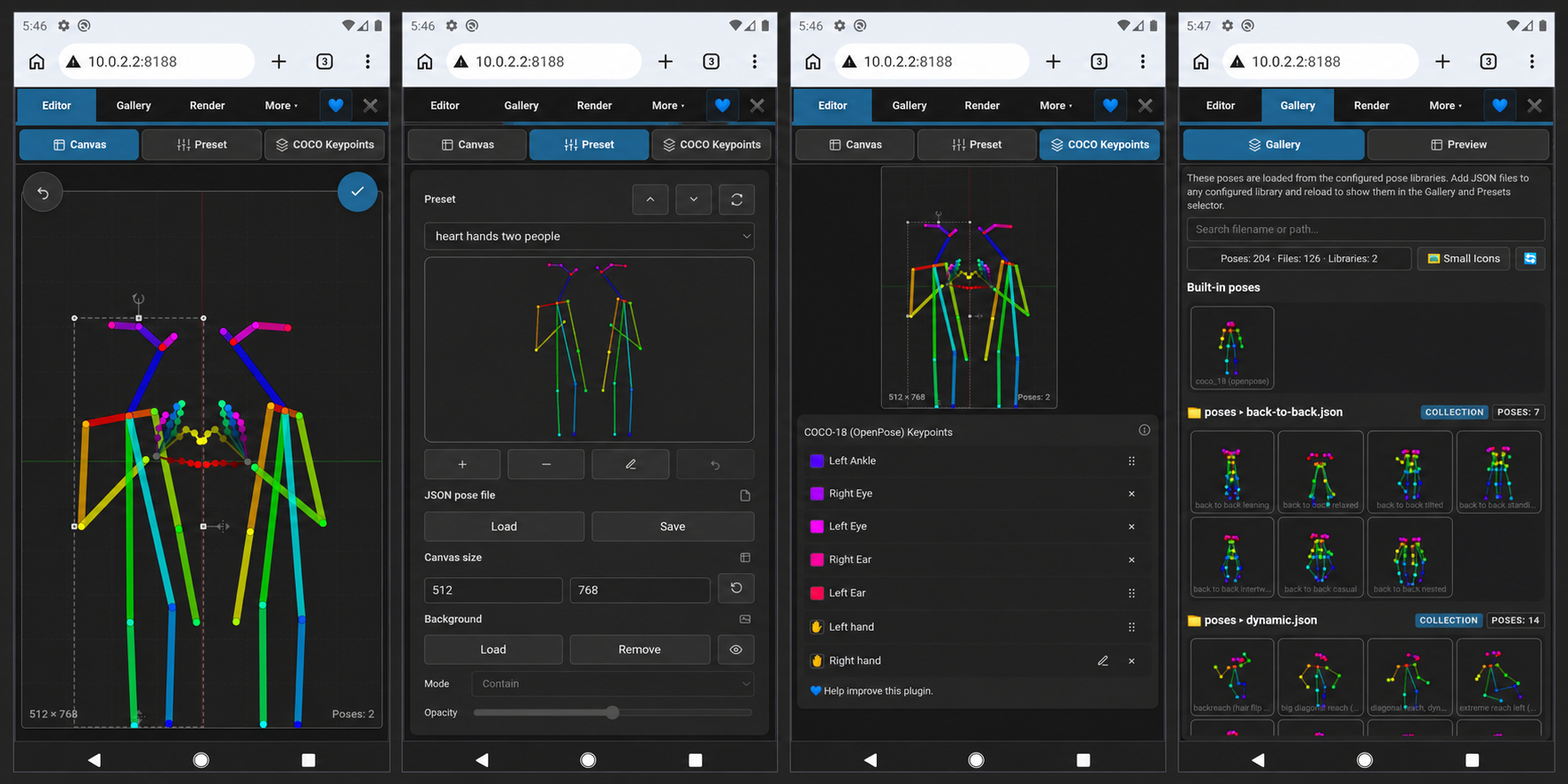 OpenPose Studio responsive mobile interface showing Canvas, Preset, COCO Keypoints, and Gallery views