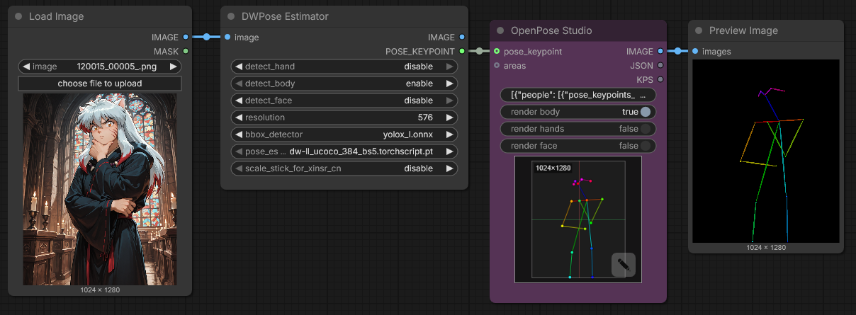 Pose keypoint इनपुट कनेक्शन — DWPose Estimator आउटपुट, OpenPose Studio के pose_keypoint इनपुट से जुड़ा हुआ