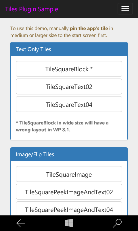 Windows Live Tiles Plugin Sample App