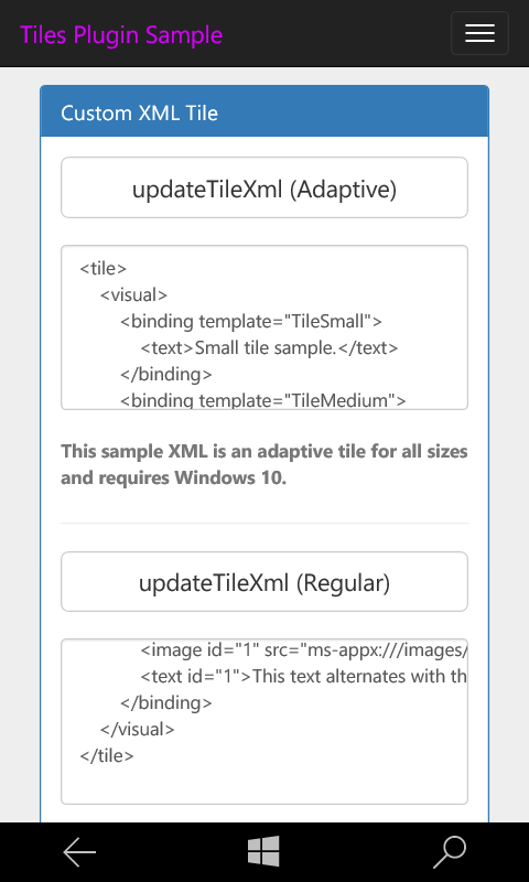 Windows Live Tiles Plugin Sample App