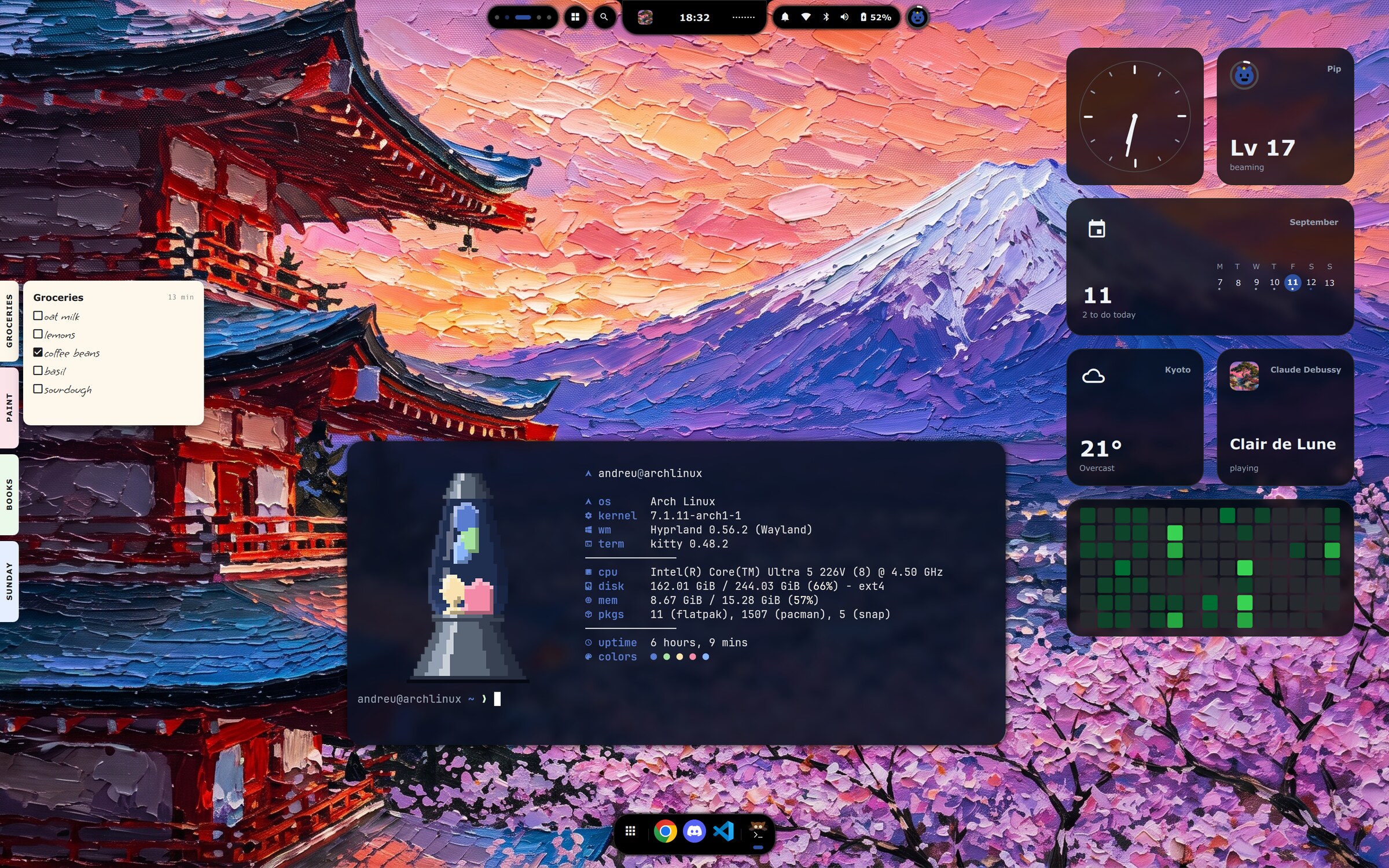 The desk: the island with a track playing, widgets down the right, a note deck on the left edge, a terminal with the lava lamp greeting, and the dock