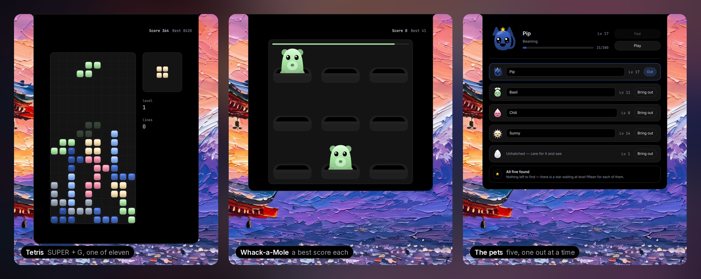 Tetris and Whack-a-Mole played in the island, and the pets' page with Pip out and the rest of the family waiting