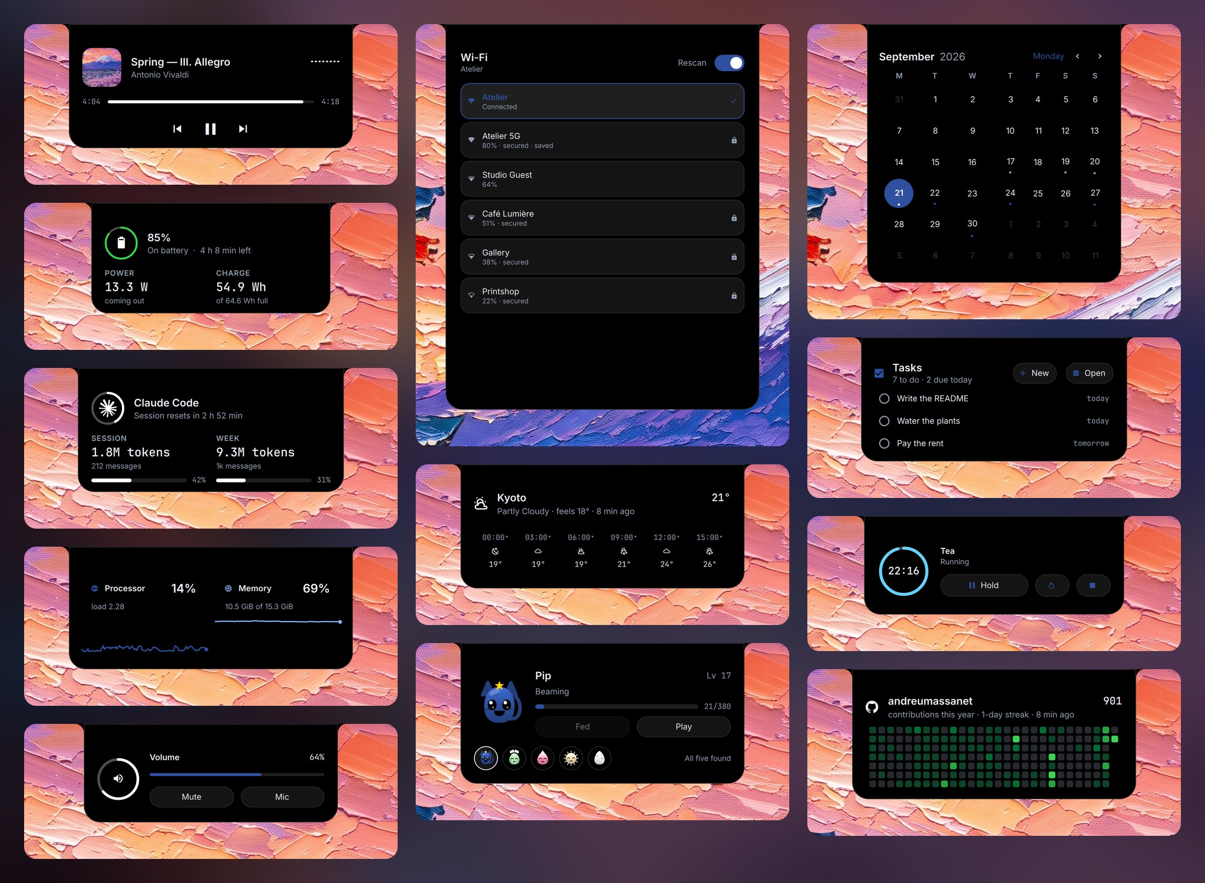 Module details in the island: the player, the battery, Claude Code's usage, the processor and memory, the volume, the Wi-Fi list, the weather, the pet, the month with task dots, the tasks, a countdown and the GitHub wall