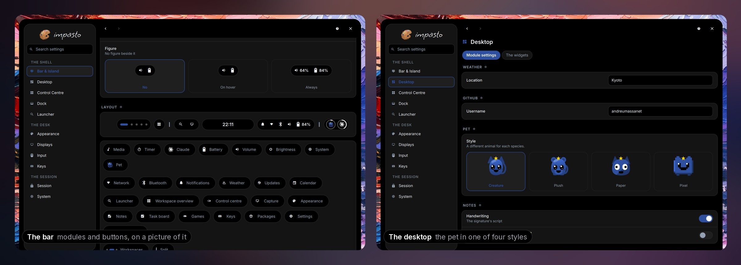 Two pages of the settings window: the bar arranged on a picture of it from a catalogue of modules and buttons, and the desktop's module settings with the pet drawn in its four styles