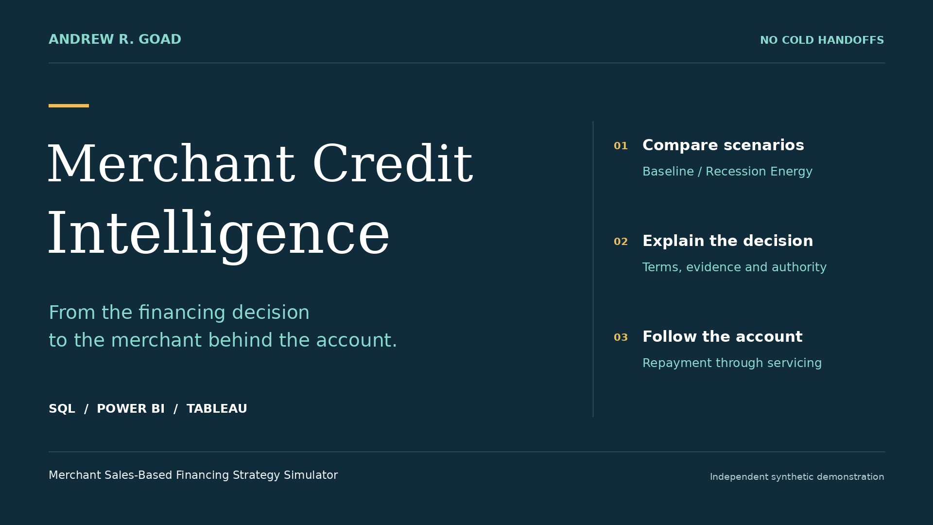 Merchant Credit Intelligence narrated presentation by Andrew R. Goad: compare Baseline and Recession Energy scenarios, explain financing decisions, and follow the merchant account through repayment and servicing.