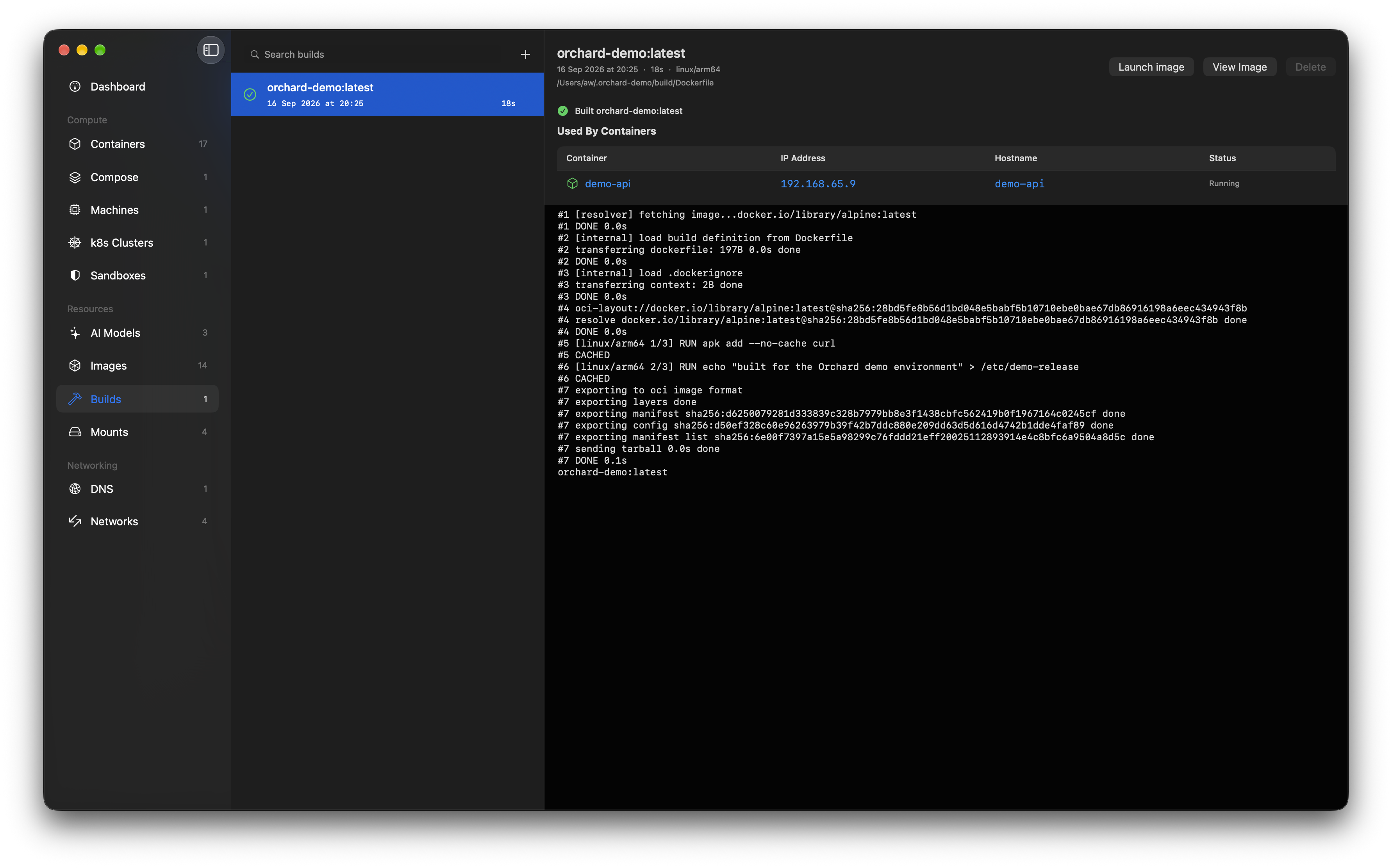 Builds - a completed image build with its streamed log and the containers running it