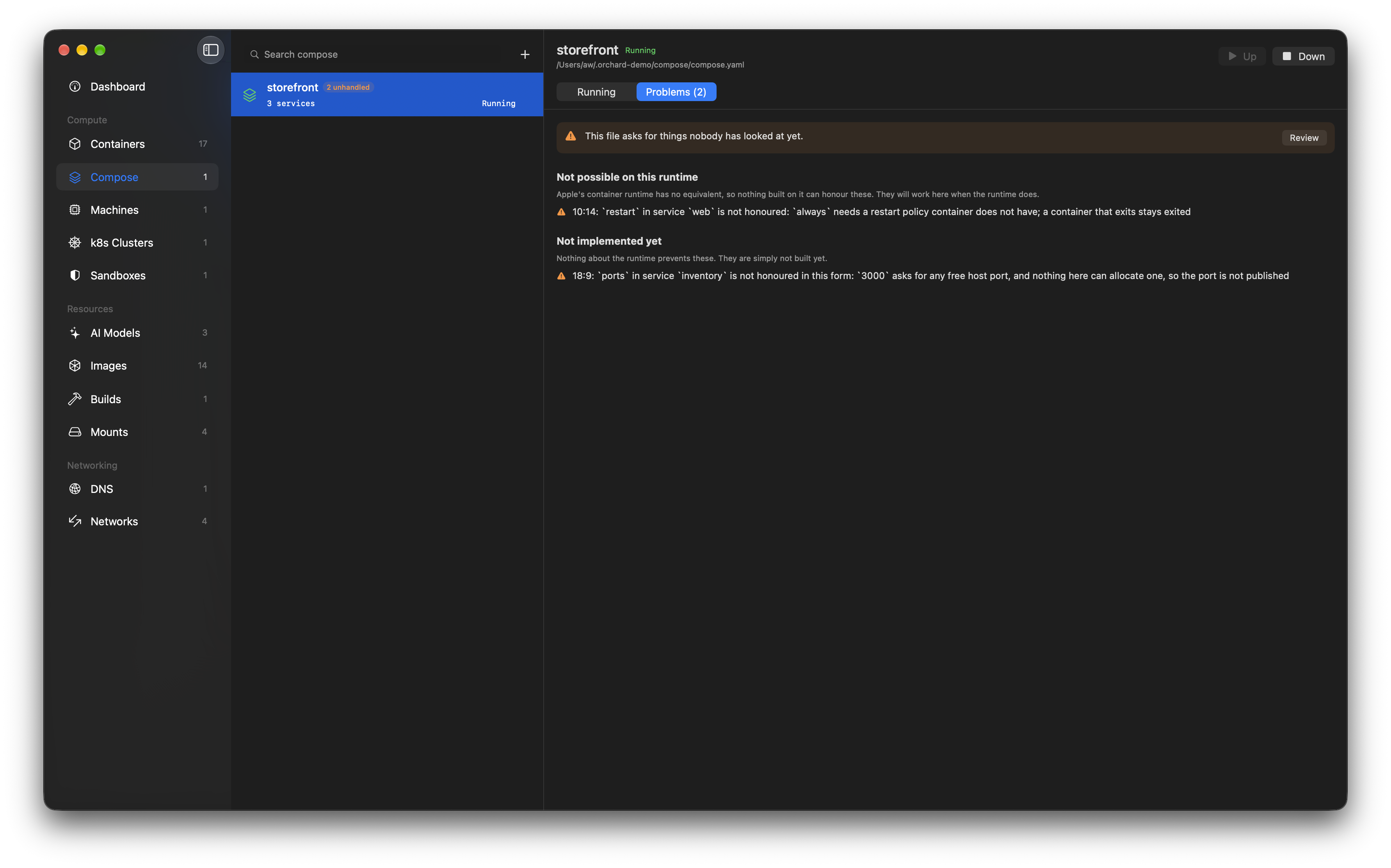 The Problems tab of a compose project, listing unhandled keys grouped by whether the runtime makes them impossible or they are not built yet
