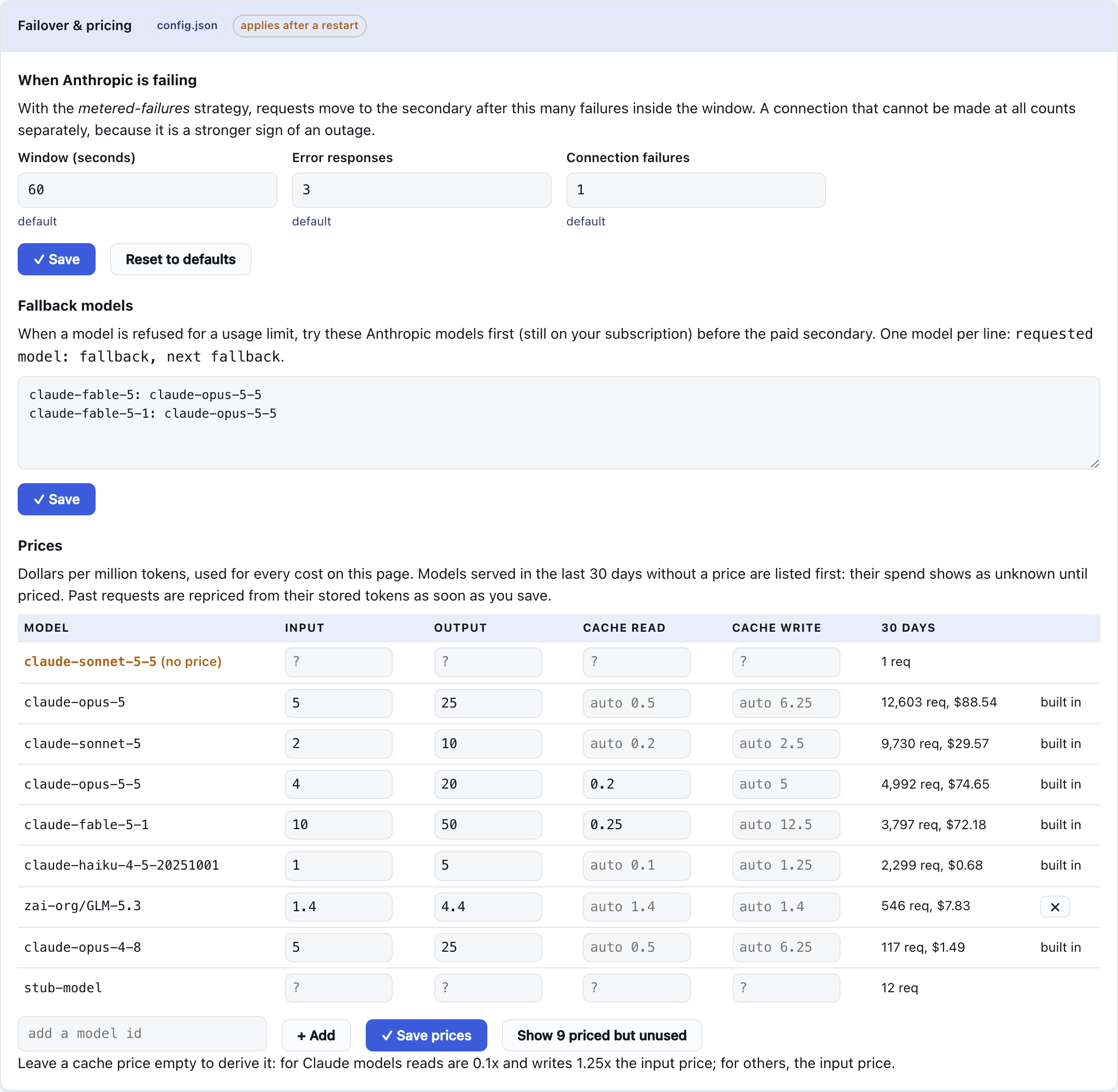 Failover & pricing: failure thresholds, fallback models, and the price editor with unpriced models first