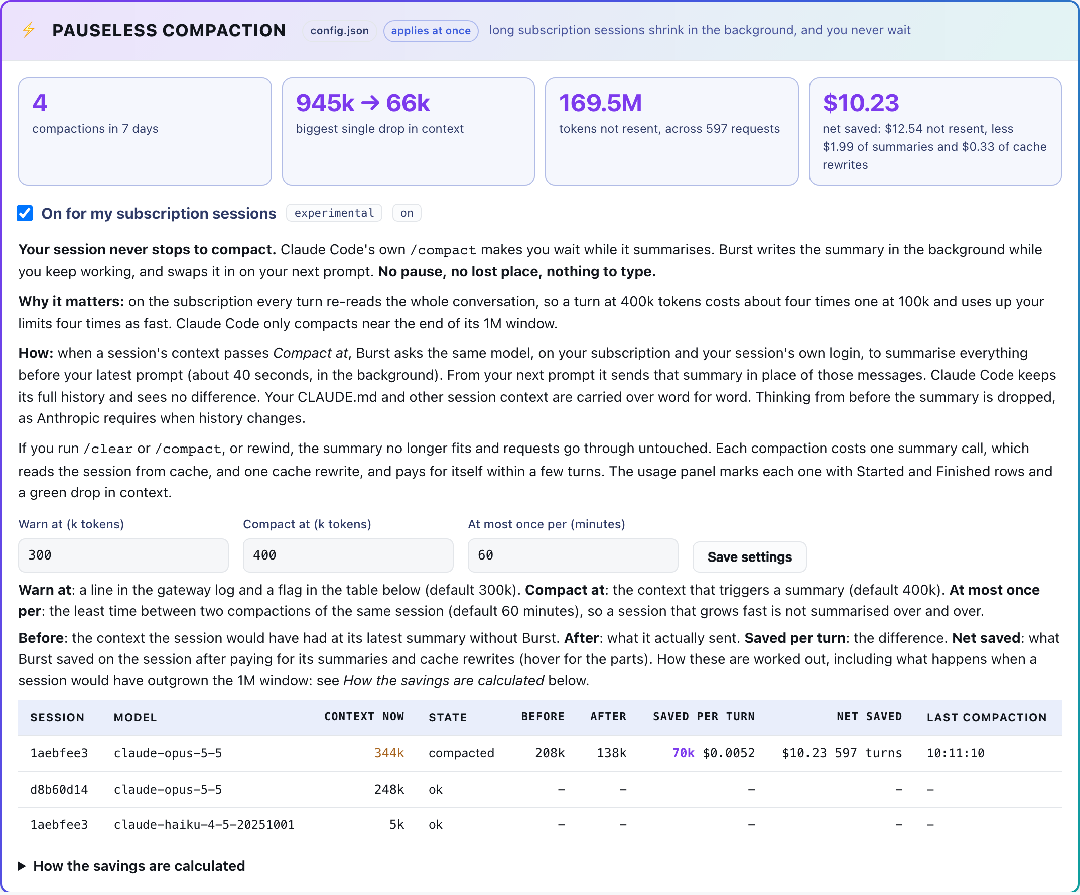 The Pauseless Compaction section: headline results, settings, and each session's context before and after, with the saving per turn