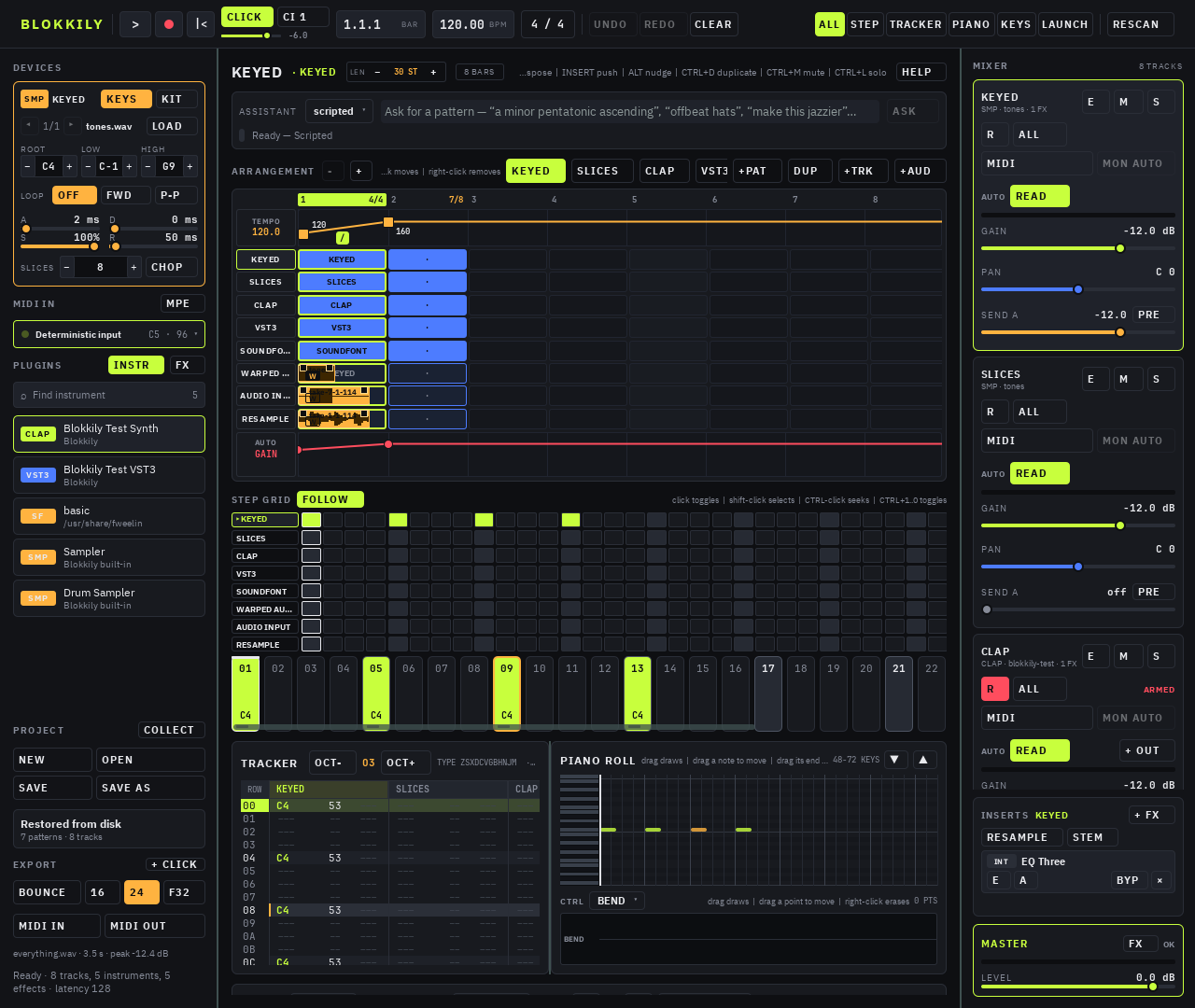 Blokkily workstation showing an arrangement, synchronized editors, sampler, plugin browser and mixer