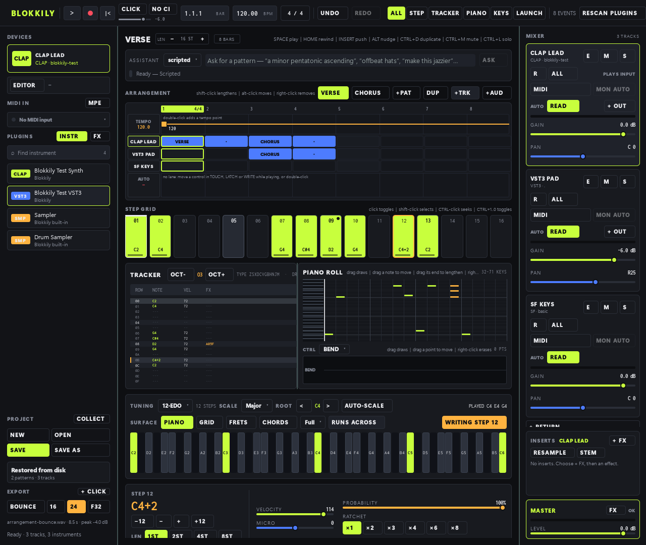 Blokkily workstation showing an arrangement, synchronized editors, plugin browser, mixer, and keyboard