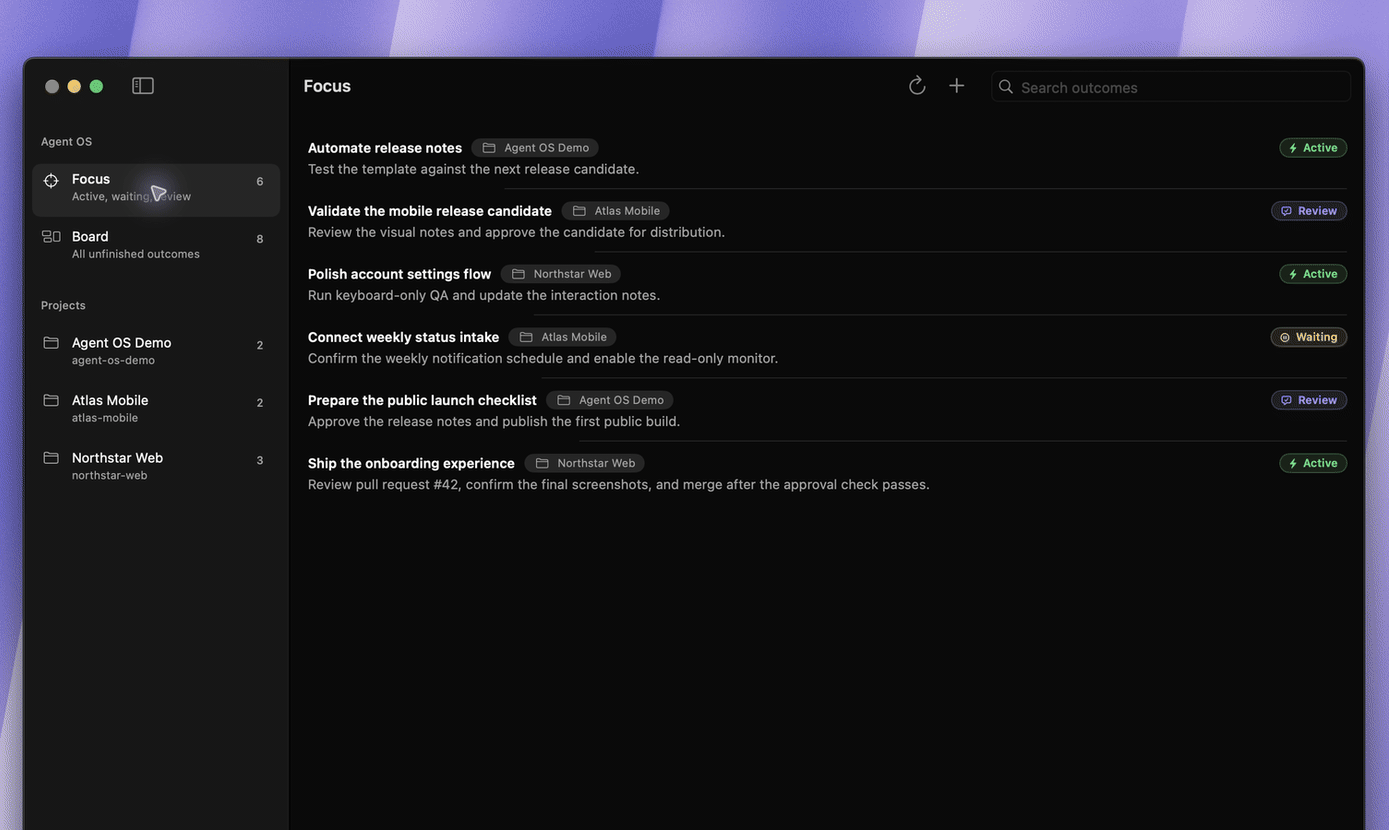 Agent OS demo showing Focus, Board, task details, pull request status, and sources