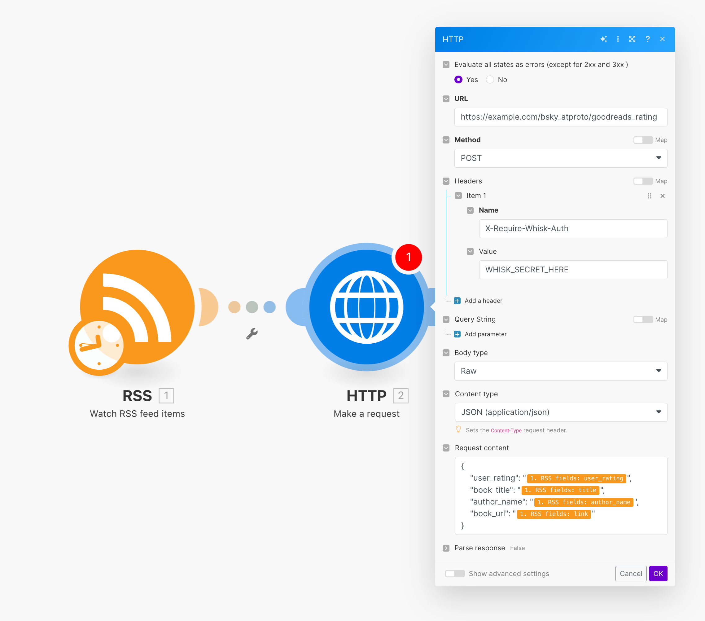 Simple RSS to HTTP request in Make.com