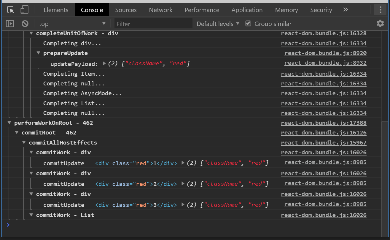 Image of browser console showing a React function trace
