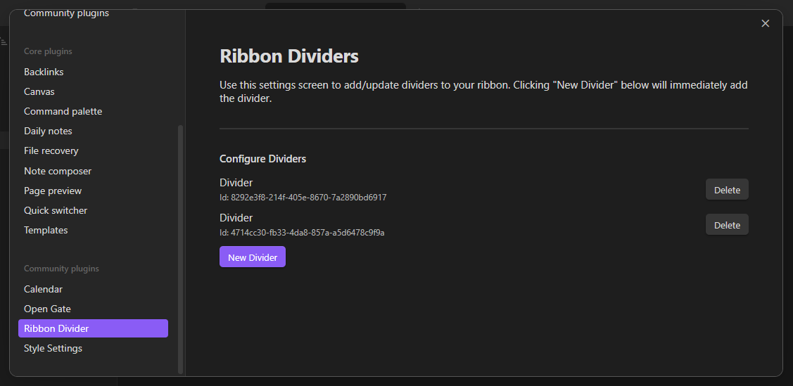 Settings screens howing where you can add and remove dividers