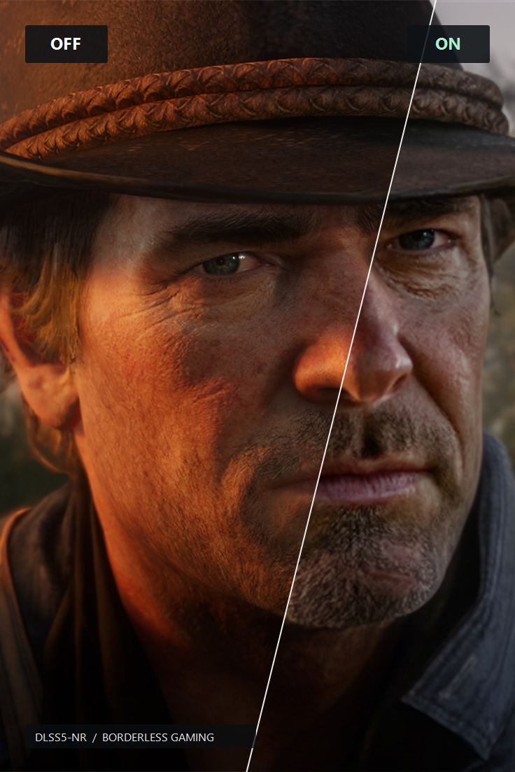Arthur in Red Dead Redemption 2 — original left, DLSS5-NR right