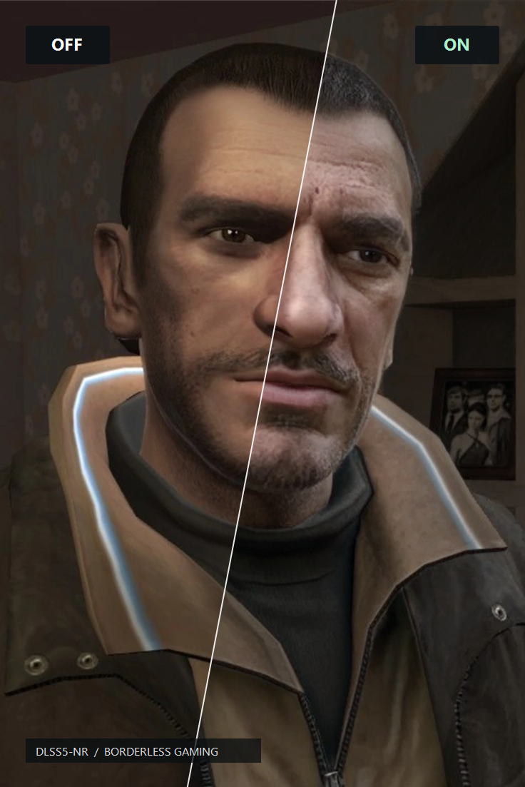 Niko in GTA IV — original left, DLSS5-NR right