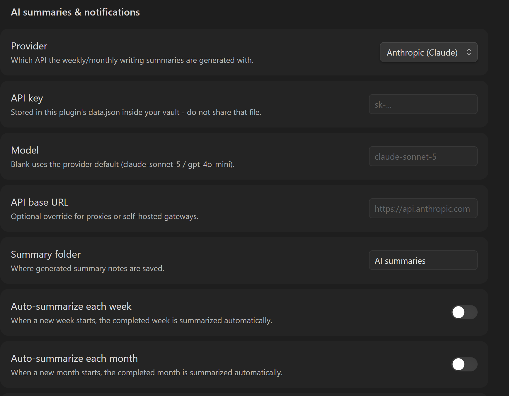 AI summaries and notifications settings for provider, API key, and automatic summaries