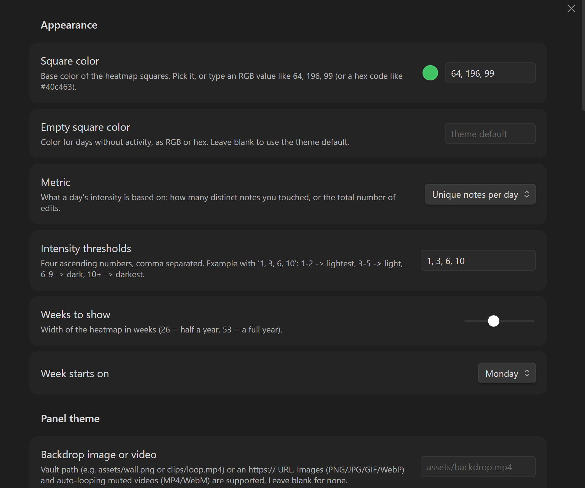 Appearance settings for RGB heatmap colors and panel backdrops