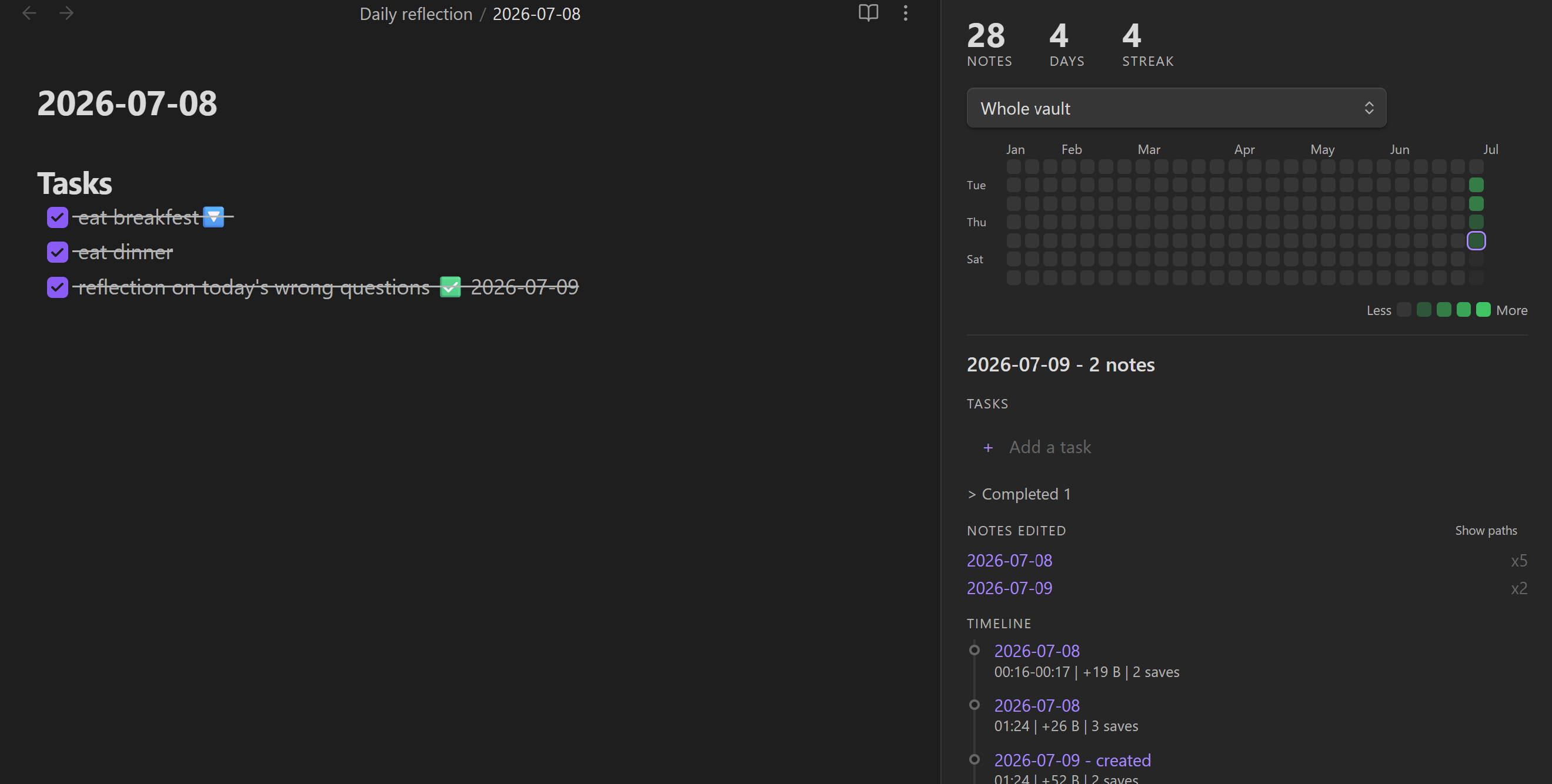 Vault Activity Heatmap showing a selected day with tasks, edited notes, and an edit timeline