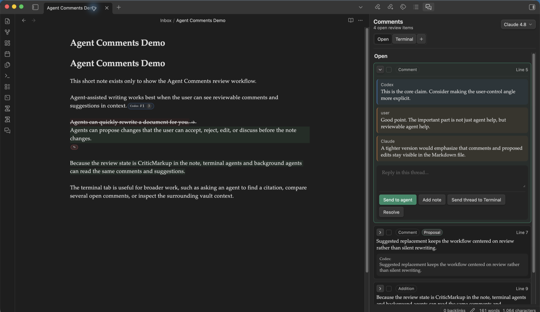 Agent Comments review panel with anchored comments and suggestions