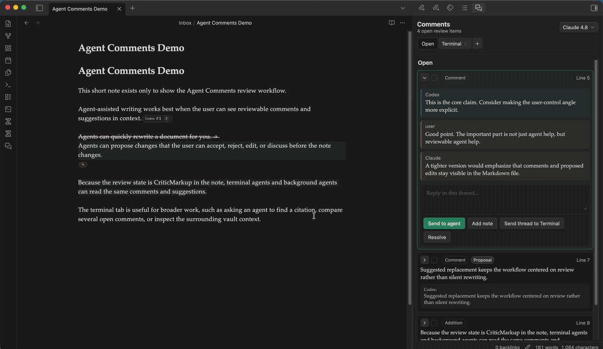 Opening inline proposal controls from Markdown review markup