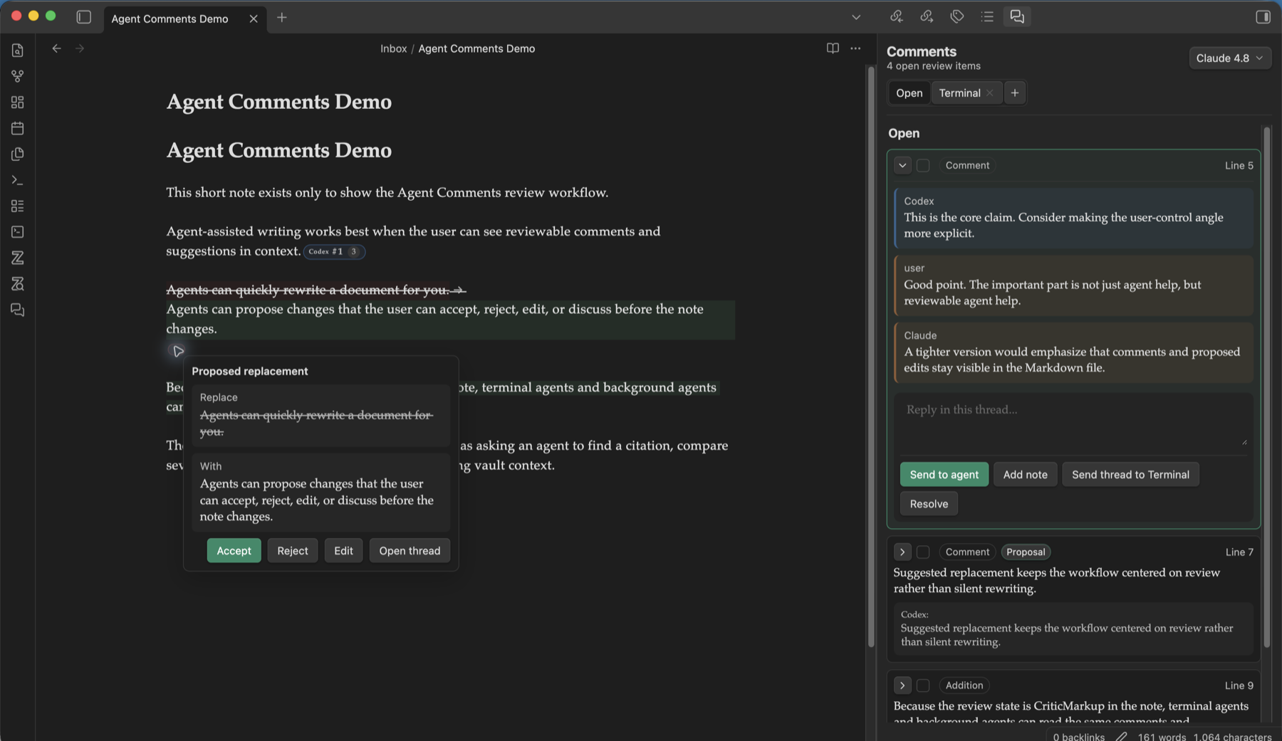 Inline proposal controls for accepting, rejecting, editing, or opening a thread