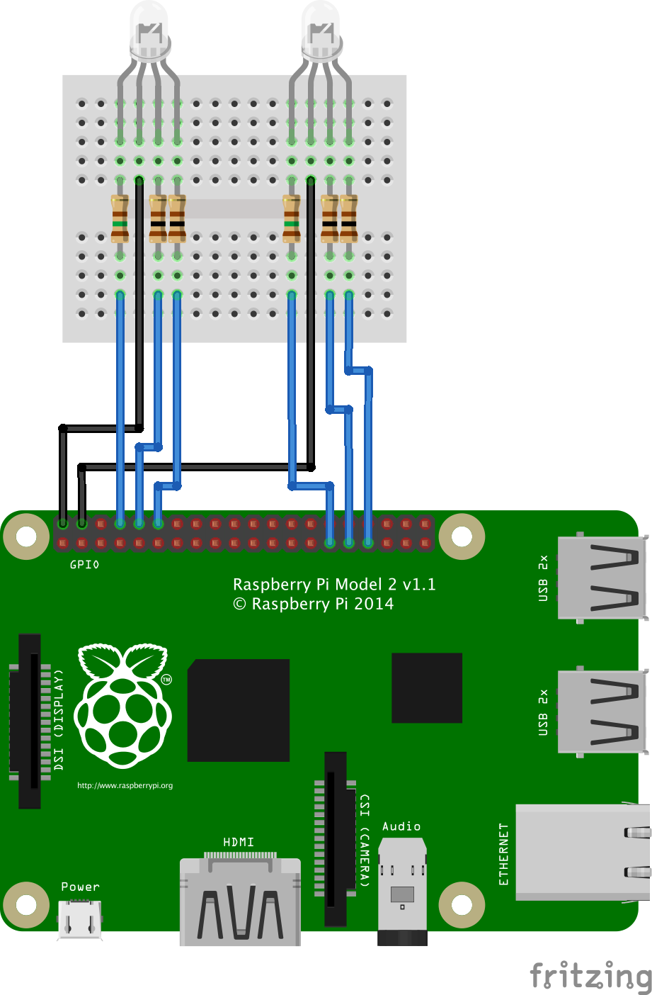 breadboard diagram for Raspberry Pi AQ Sensor LEDs
