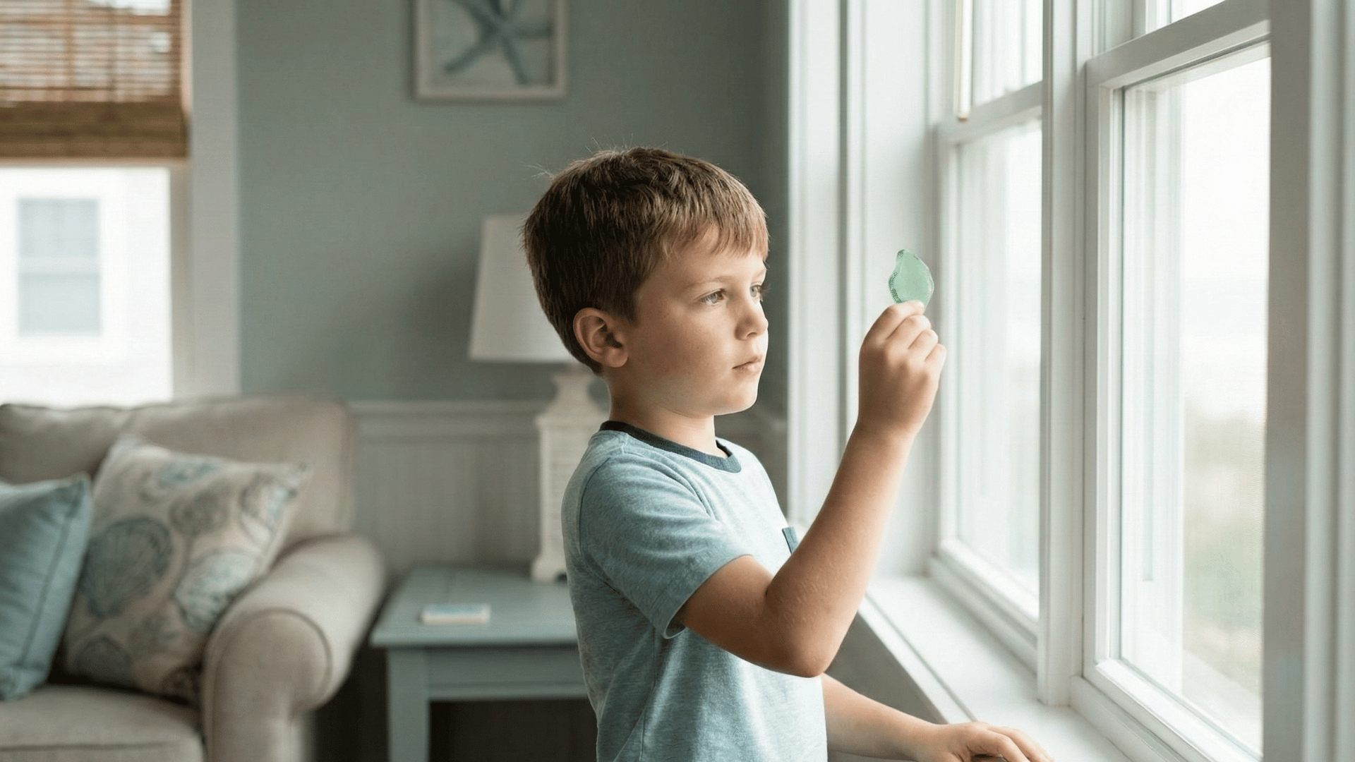 Boy holding seaglass by a window
