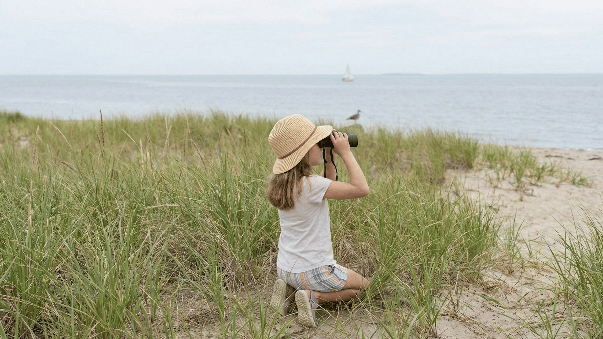 Girl with binoculars looking through beach grass