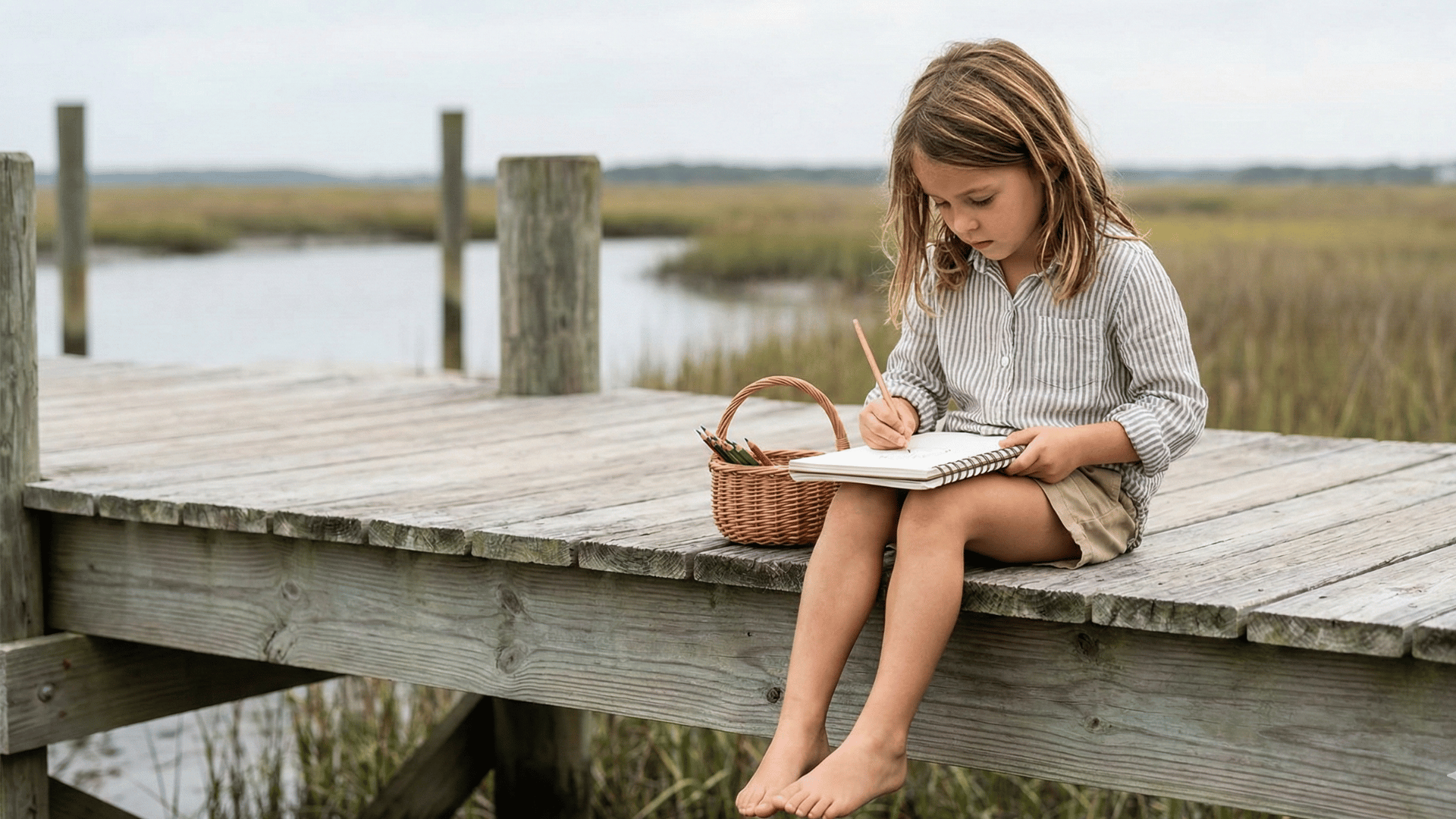 Girl drawing on a marsh dock