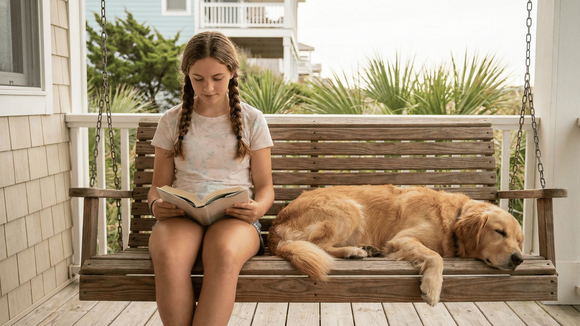 Girl reading on a porch swing with a golden retriever