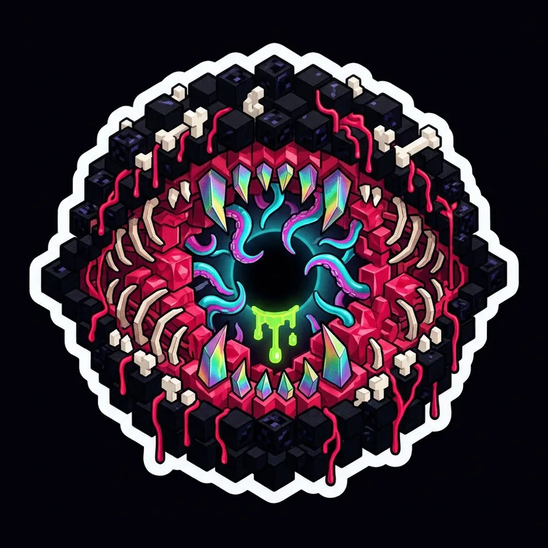 The Visceral Eldritch Flesh-Labyrinth Eye — Hero / Macro Eye (Rule 29) voxel art plate