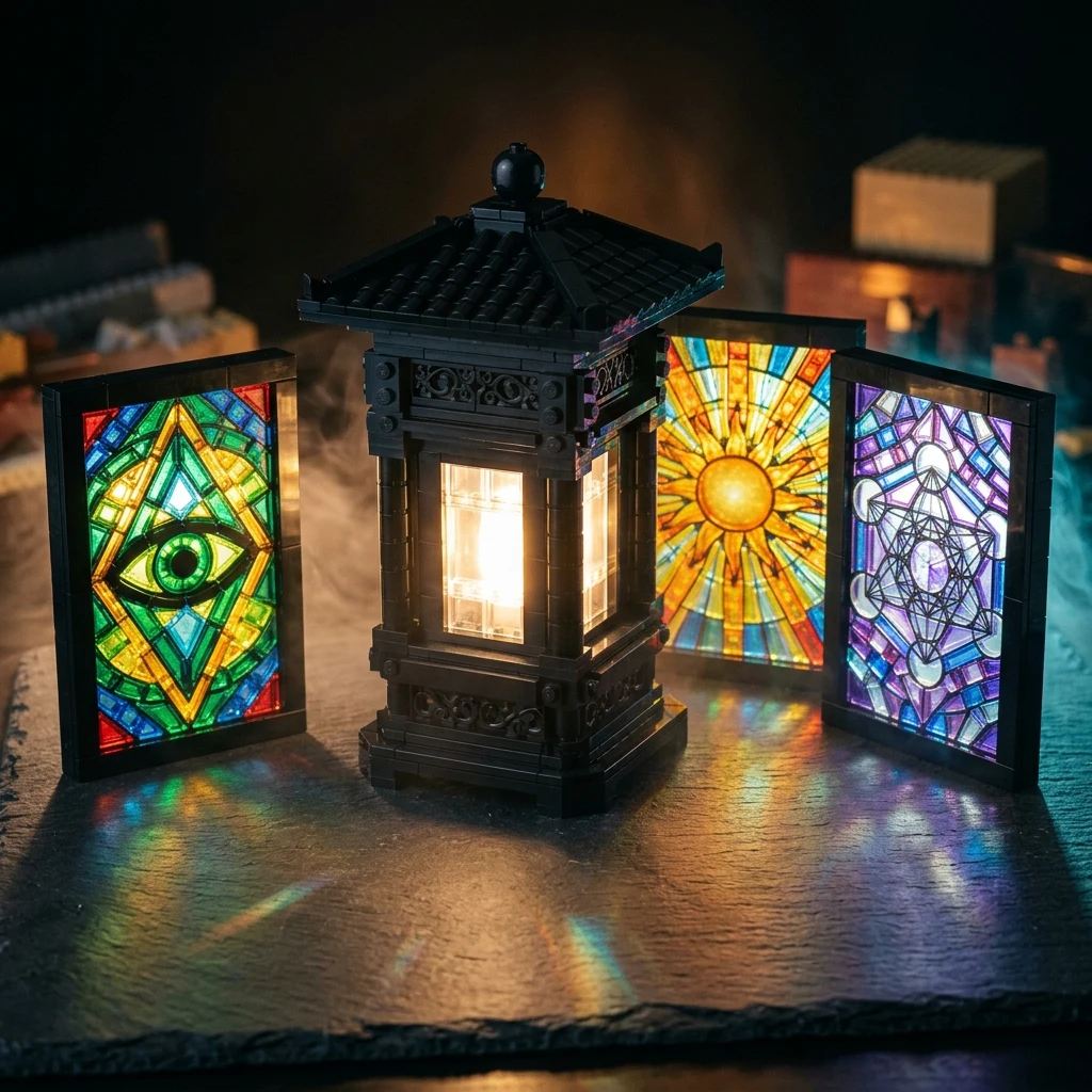 A freestanding matte-black brick shrine lantern and three backlit stained-glass panels glowing on a slate workbench